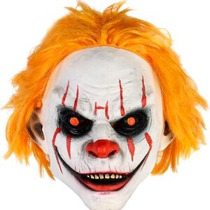 Scary Creepy Clown Halloween latex Mask with Orange Hair adult size